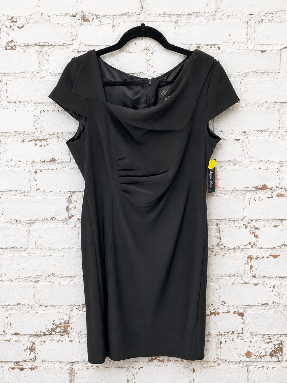 Classic Black Draped Midi Dress - Women's Elegant Office to Evening Wear